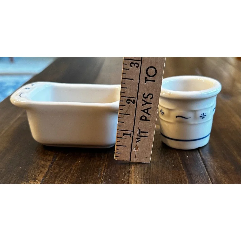 Longaberger Pottery Woven Traditions Ivory Blue Mini Loaf Pan and Crock Set
